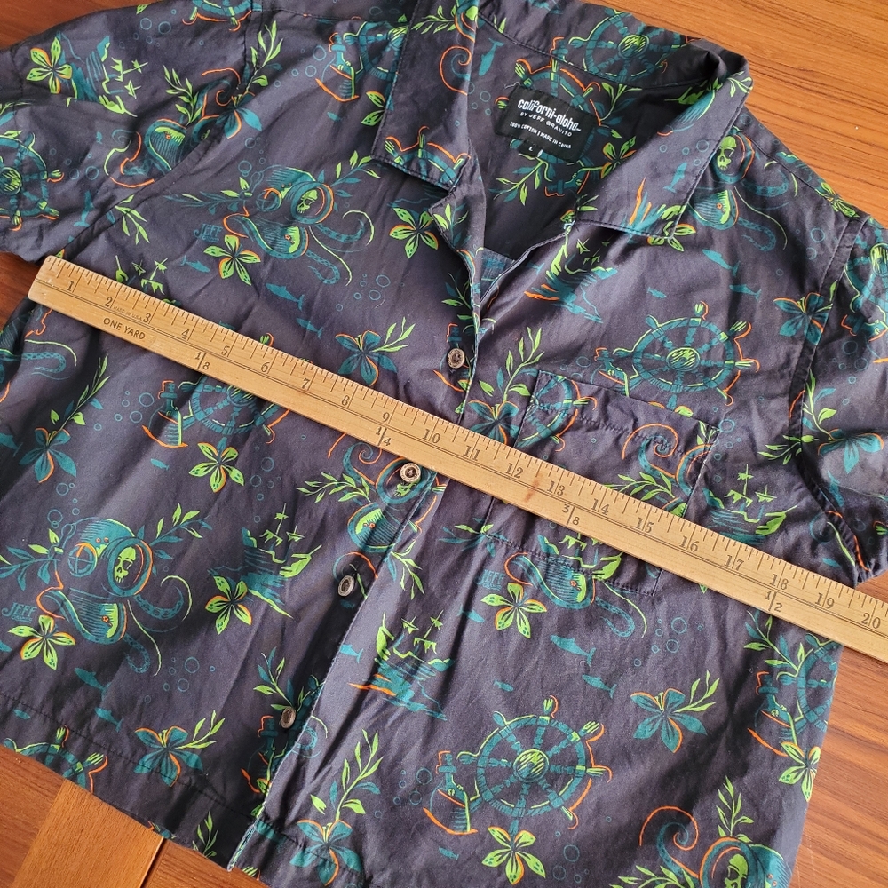 Women's Jeff Granito tiki deep dive print Hawaiian shirt L - Picture 6 of 8
